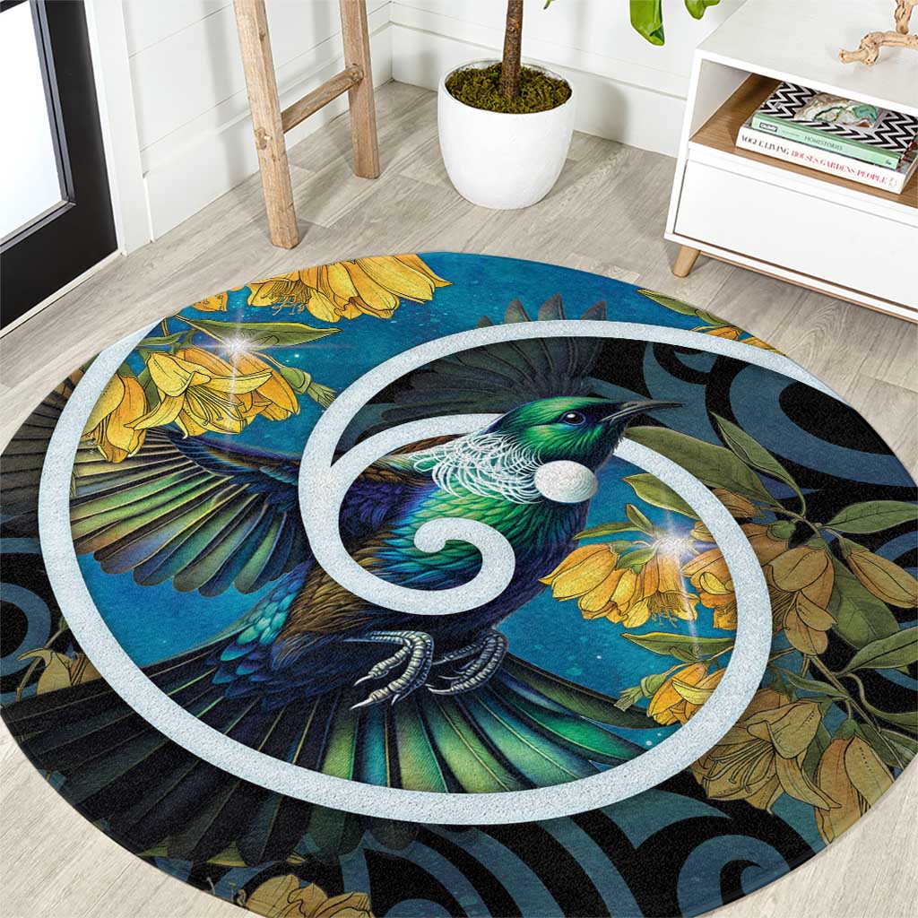 New Zealand Tui Bird Round Carpet Maori Koru With Kowhai Flowers LT05 Black - Polynesian Pride