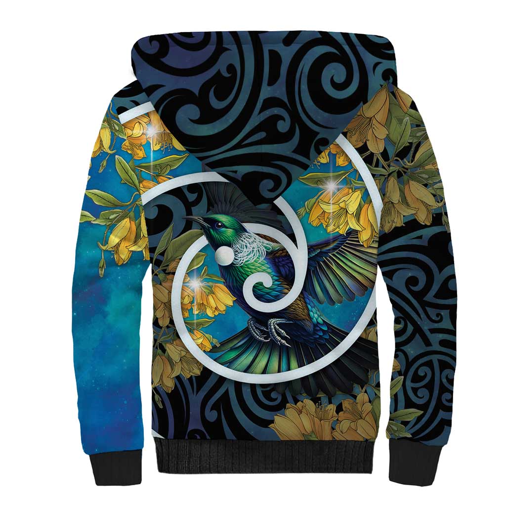 New Zealand Tui Bird Sherpa Hoodie Maori Koru With Kowhai Flowers