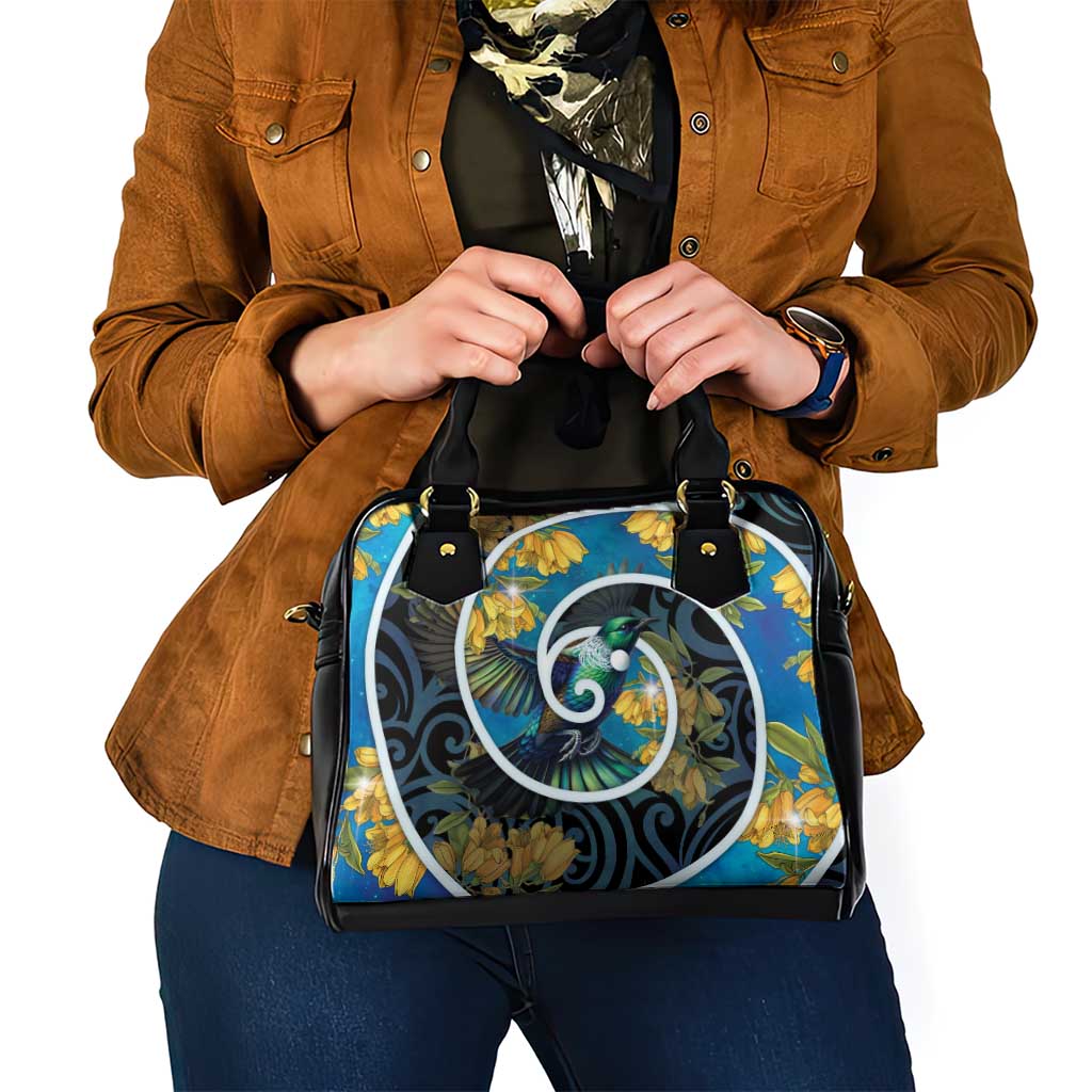New Zealand Tui Bird Shoulder Handbag Maori Koru With Kowhai Flowers