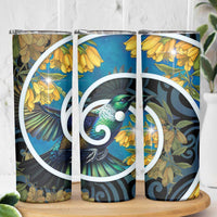 New Zealand Tui Bird Skinny Tumbler Maori Koru With Kowhai Flowers
