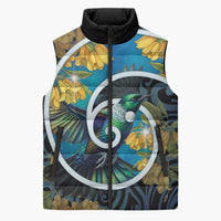 New Zealand Tui Bird Sleeveless Puffer Jacket Maori Koru With Kowhai Flowers