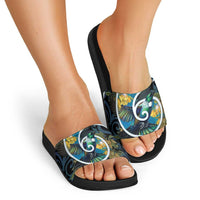 New Zealand Tui Bird Slide Sandals Maori Koru With Kowhai Flowers