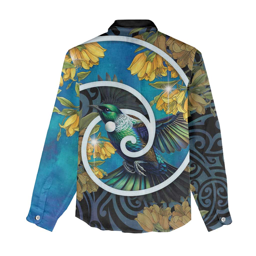 New Zealand Tui Bird Women Casual Shirt Maori Koru With Kowhai Flowers