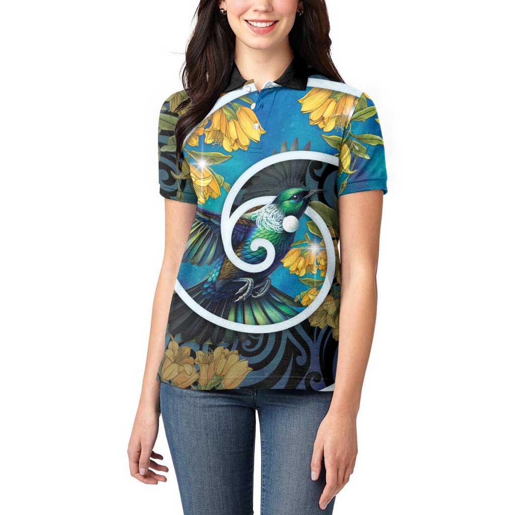 New Zealand Tui Bird Women Polo Shirt Maori Koru With Kowhai Flowers
