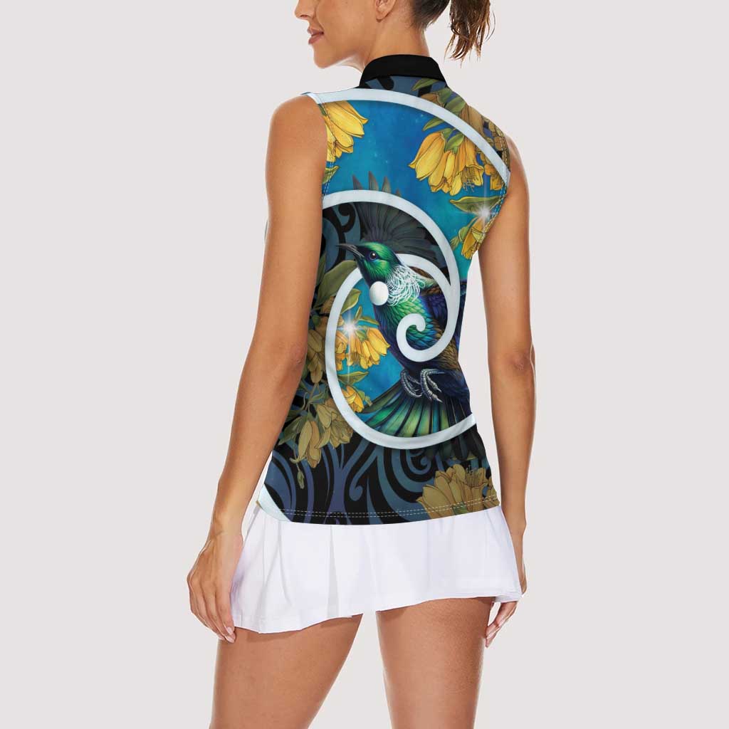 New Zealand Tui Bird Women Sleeveless Polo Shirt Maori Koru With Kowhai Flowers