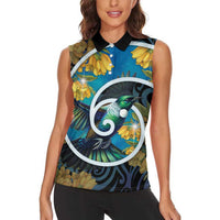 New Zealand Tui Bird Women Sleeveless Polo Shirt Maori Koru With Kowhai Flowers