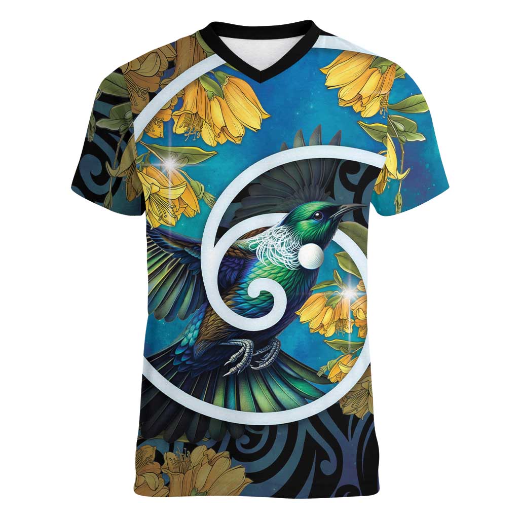 New Zealand Tui Bird Women V-Neck T-Shirt Maori Koru With Kowhai Flowers