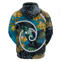 New Zealand Tui Bird Zip Hoodie Maori Koru With Kowhai Flowers
