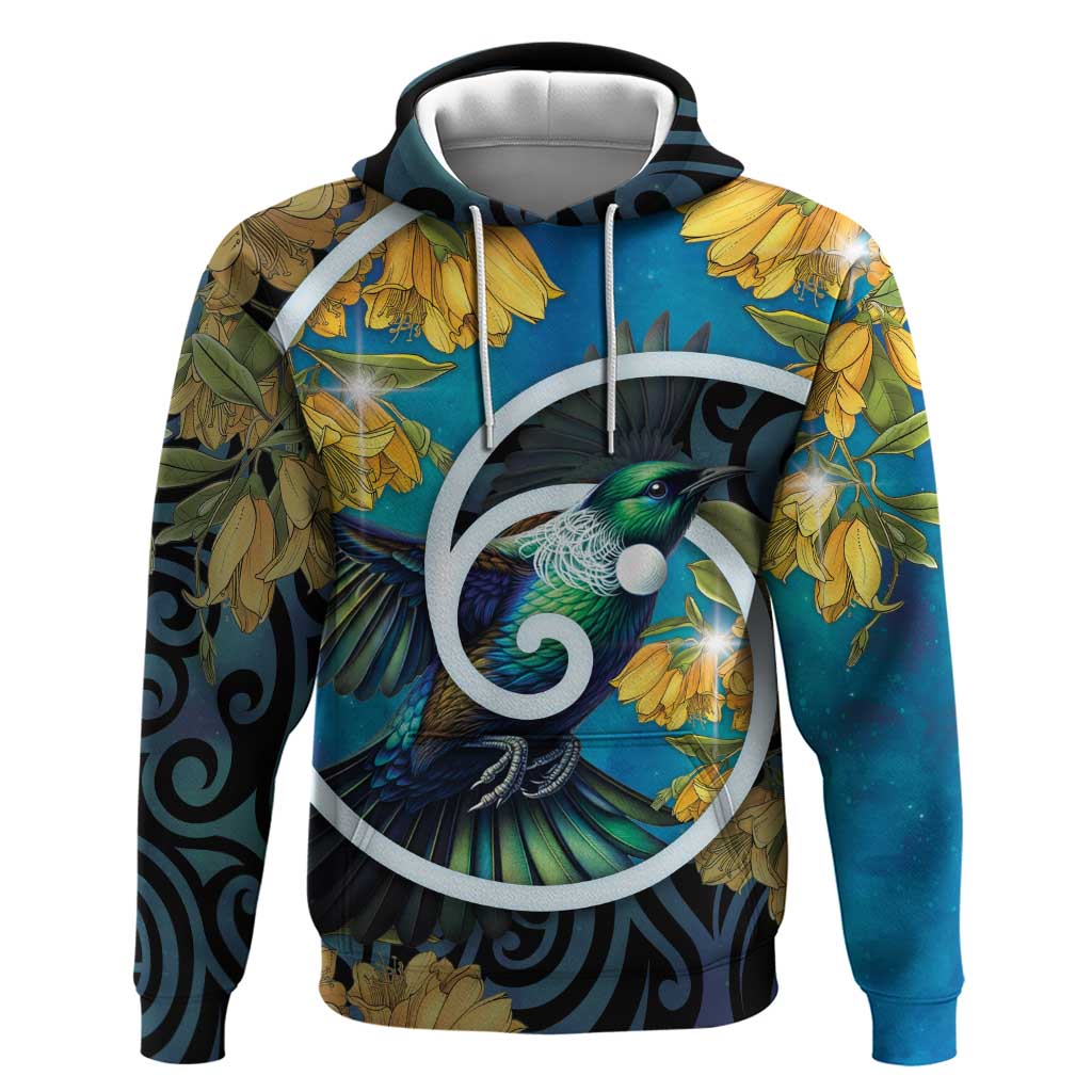 New Zealand Tui Bird Zip Hoodie Maori Koru With Kowhai Flowers