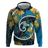 New Zealand Tui Bird Zip Hoodie Maori Koru With Kowhai Flowers