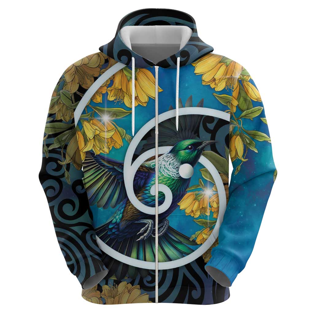 New Zealand Tui Bird Zip Hoodie Maori Koru With Kowhai Flowers