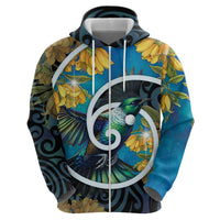 New Zealand Tui Bird Zip Hoodie Maori Koru With Kowhai Flowers