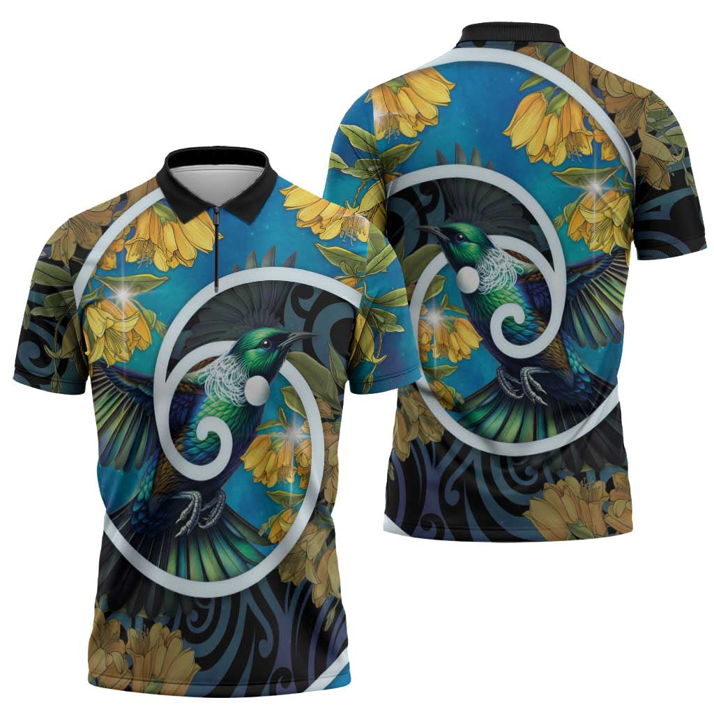 New Zealand Tui Bird Zipper Polo Shirt Maori Koru With Kowhai Flowers