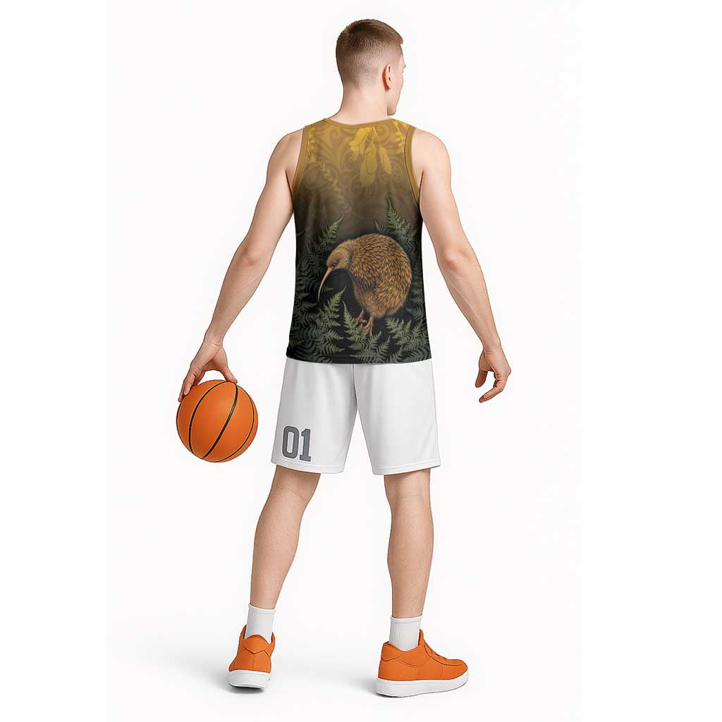 New Zealand Kiwi Bird Basketball Jersey Silver Fern Mix Maori Pattern