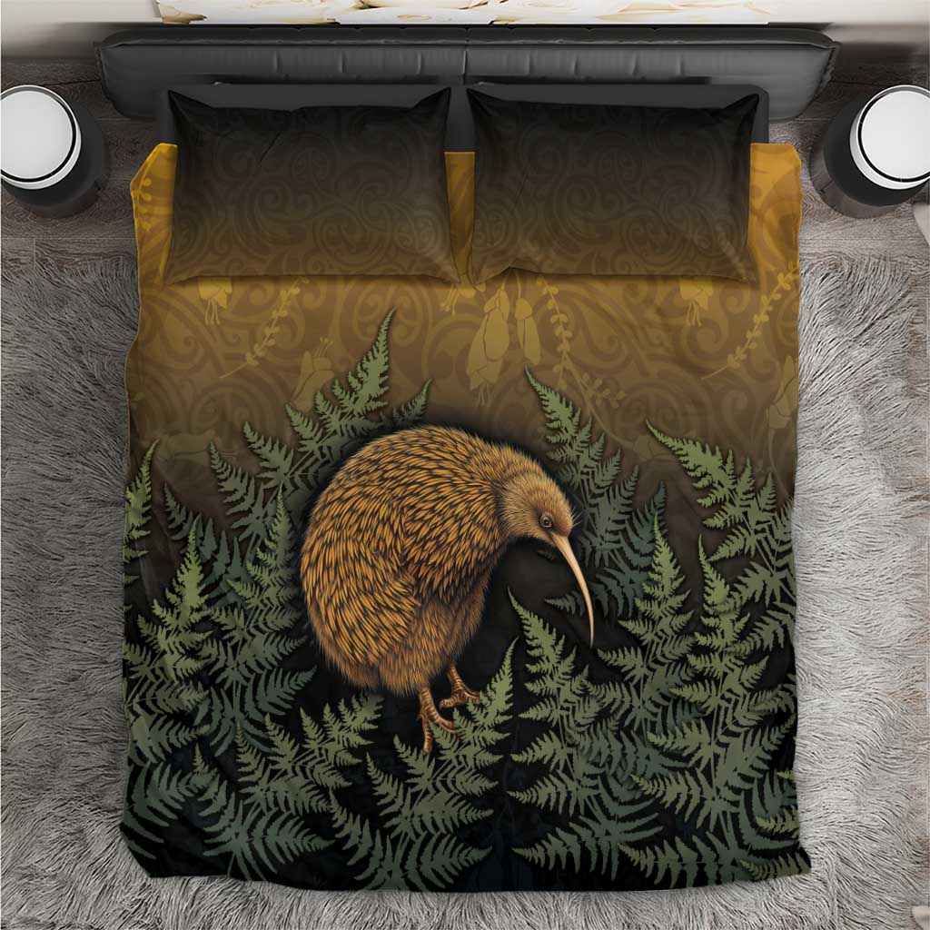 New Zealand Kiwi Bird Bedding Set Silver Fern Mix Maori Pattern