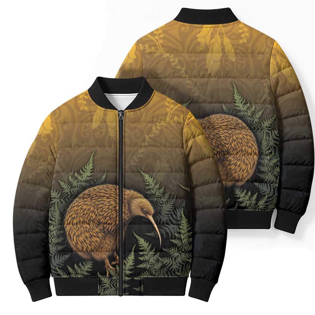 New Zealand Kiwi Bird Bomber Puffer Jacket Silver Fern Mix Maori Pattern