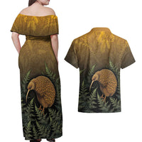 New Zealand Kiwi Bird Couples Matching Off Shoulder Maxi Dress and Hawaiian Shirt Silver Fern Mix Maori Pattern