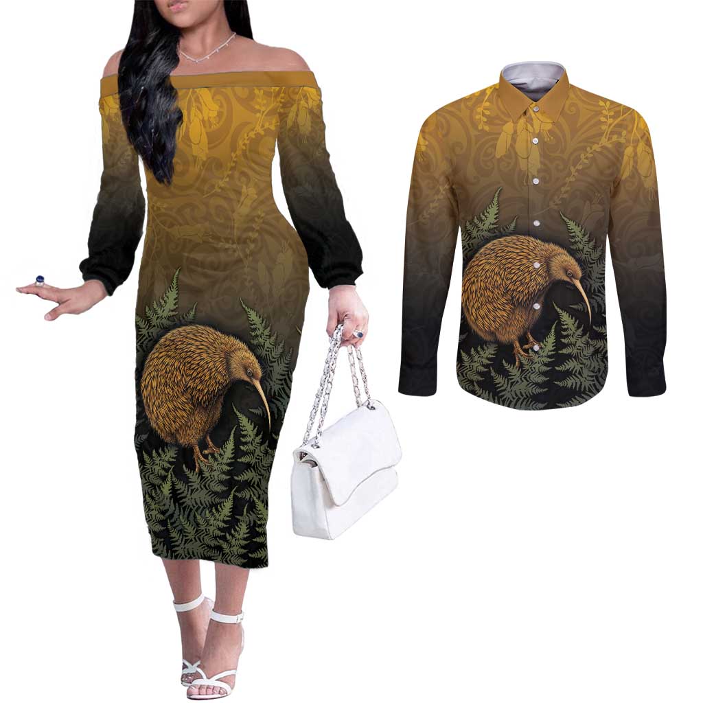 New Zealand Kiwi Bird Couples Matching Off The Shoulder Long Sleeve Dress and Long Sleeve Button Shirt Silver Fern Mix Maori Pattern