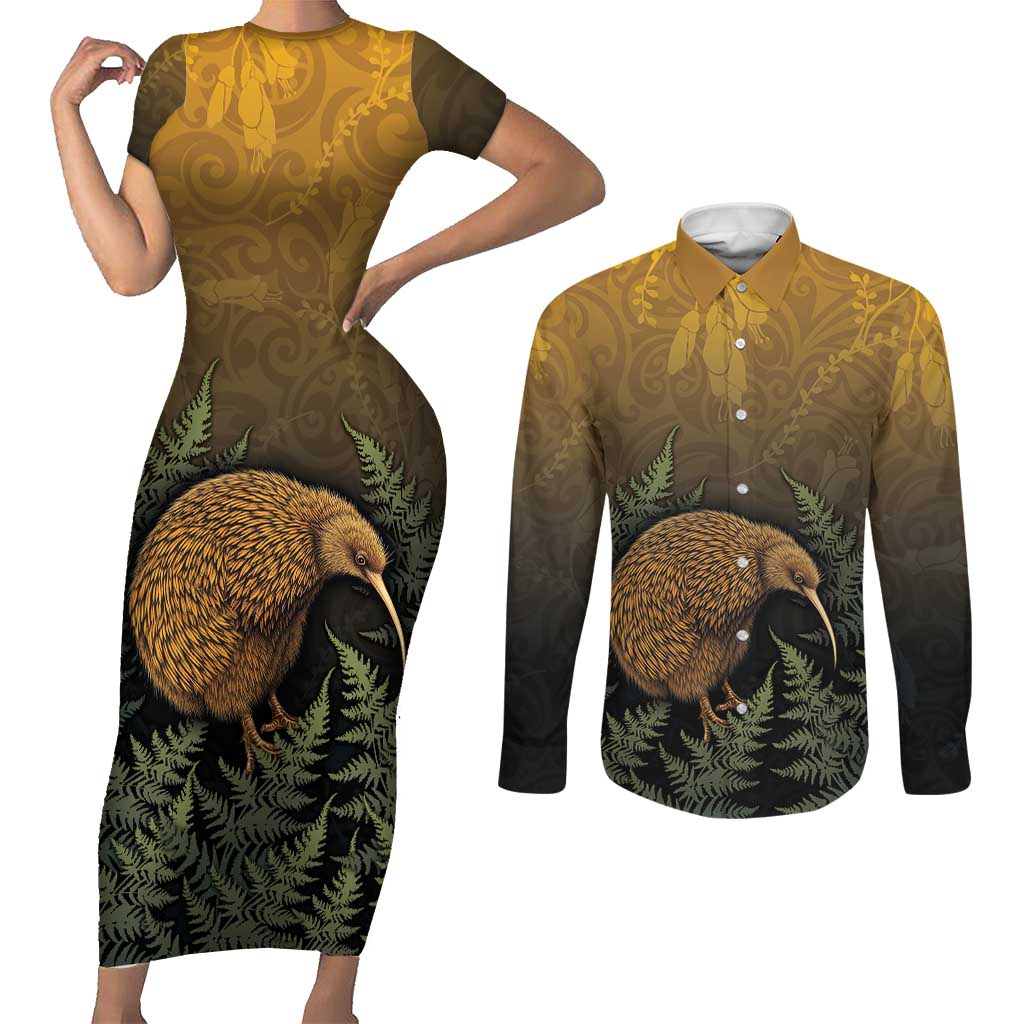 New Zealand Kiwi Bird Couples Matching Short Sleeve Bodycon Dress and Long Sleeve Button Shirt Silver Fern Mix Maori Pattern