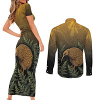 New Zealand Kiwi Bird Couples Matching Short Sleeve Bodycon Dress and Long Sleeve Button Shirt Silver Fern Mix Maori Pattern