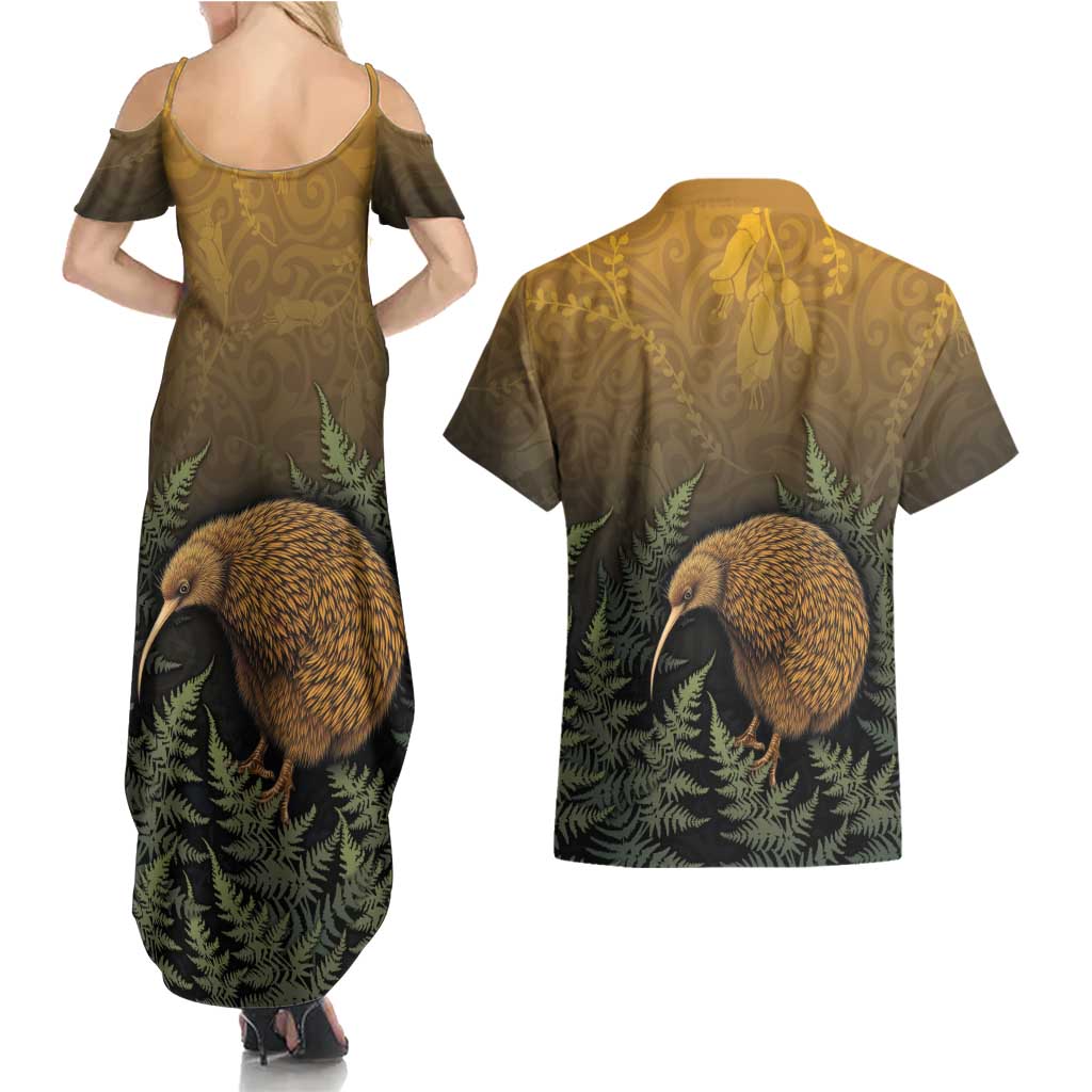 New Zealand Kiwi Bird Couples Matching Summer Maxi Dress and Hawaiian Shirt Silver Fern Mix Maori Pattern