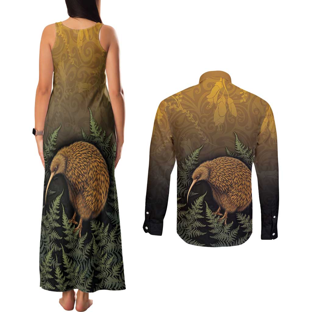 New Zealand Kiwi Bird Couples Matching Tank Maxi Dress and Long Sleeve Button Shirt Silver Fern Mix Maori Pattern