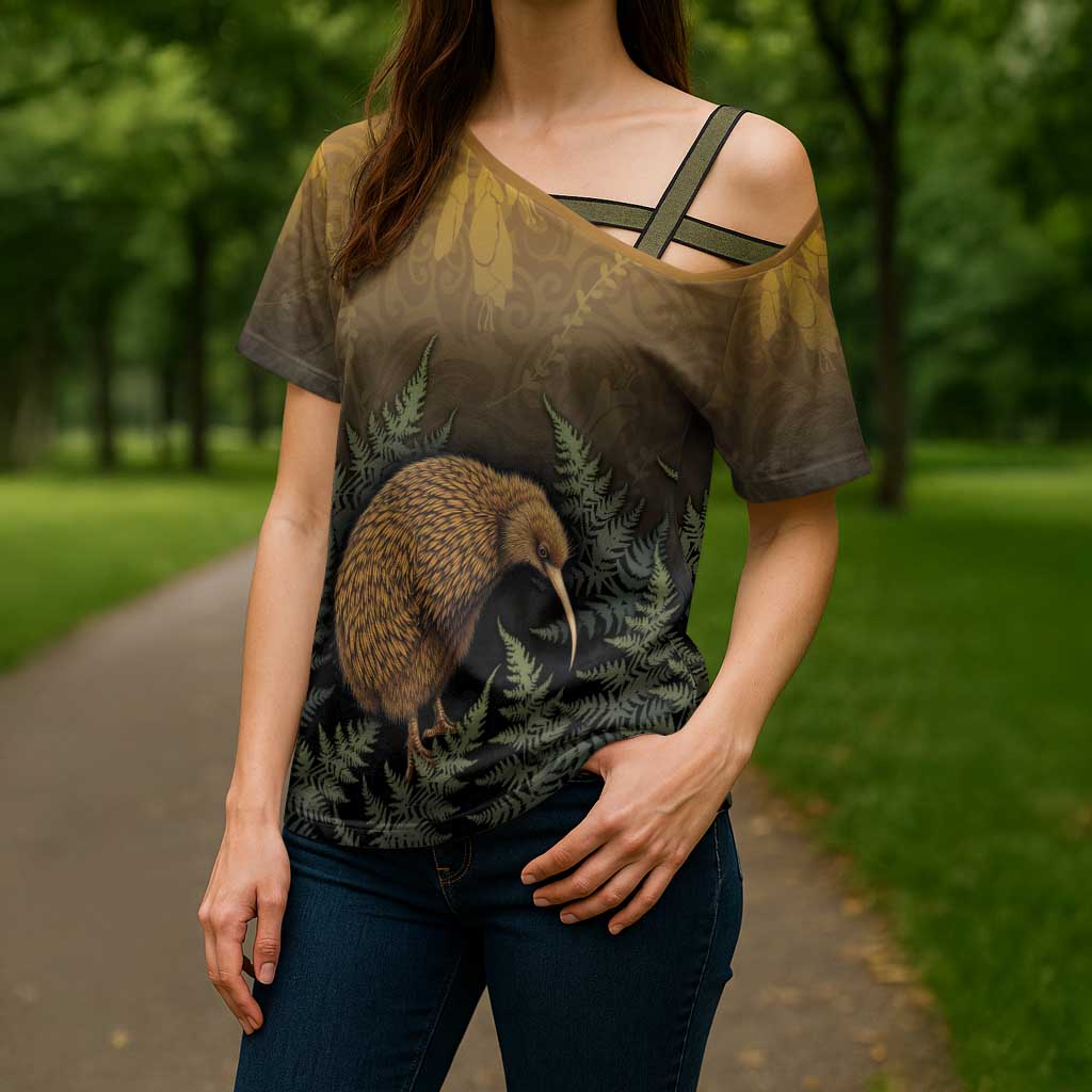 New Zealand Kiwi Bird Cross Shoulder Shirt Silver Fern Mix Maori Pattern