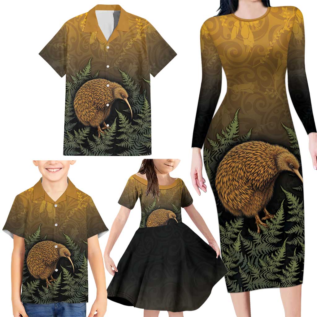 New Zealand Kiwi Bird Family Matching Long Sleeve Bodycon Dress and Hawaiian Shirt Silver Fern Mix Maori Pattern LT05 - Polynesian Pride