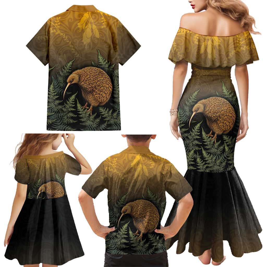 New Zealand Kiwi Bird Family Matching Mermaid Dress and Hawaiian Shirt Silver Fern Mix Maori Pattern