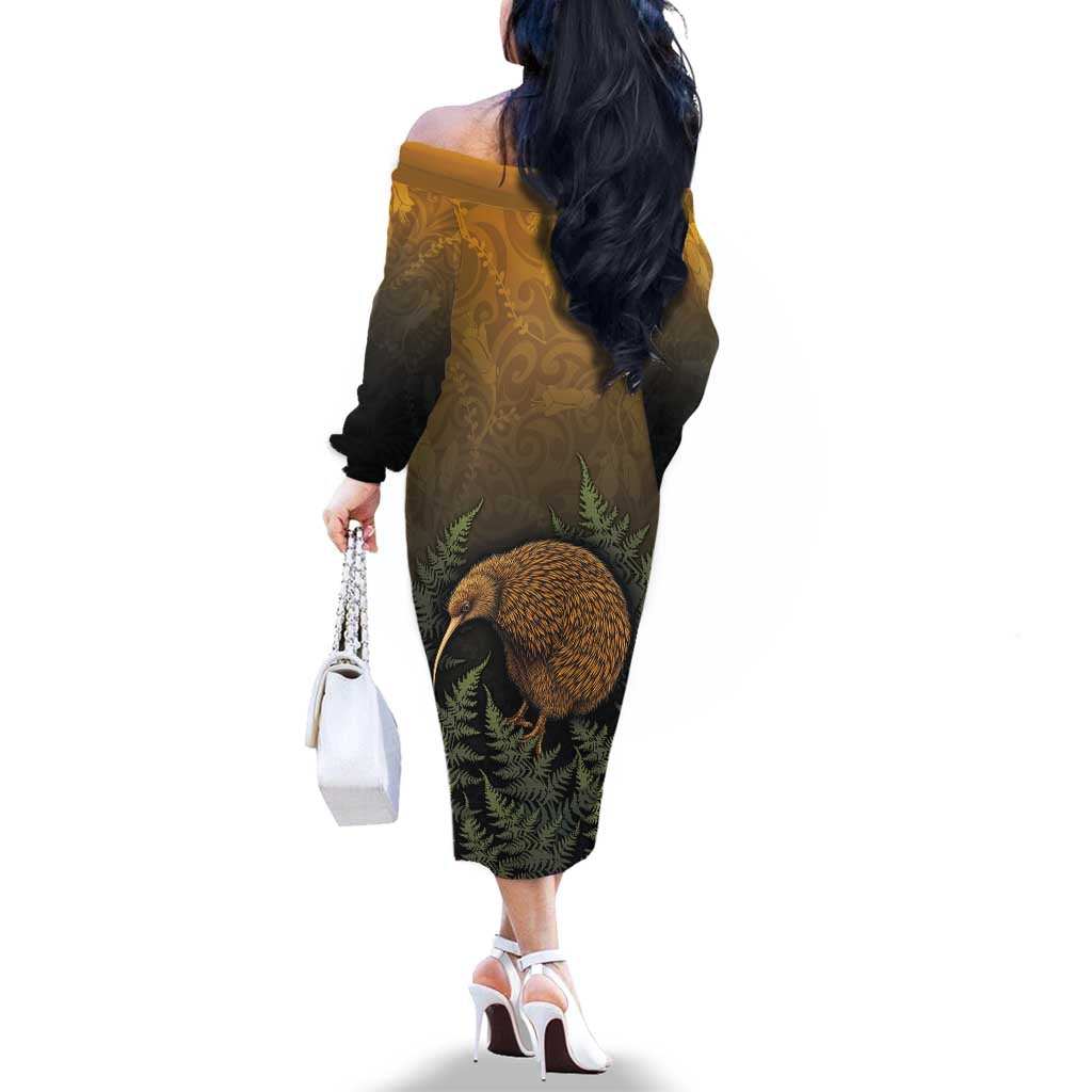 New Zealand Kiwi Bird Family Matching Off The Shoulder Long Sleeve Dress and Hawaiian Shirt Silver Fern Mix Maori Pattern