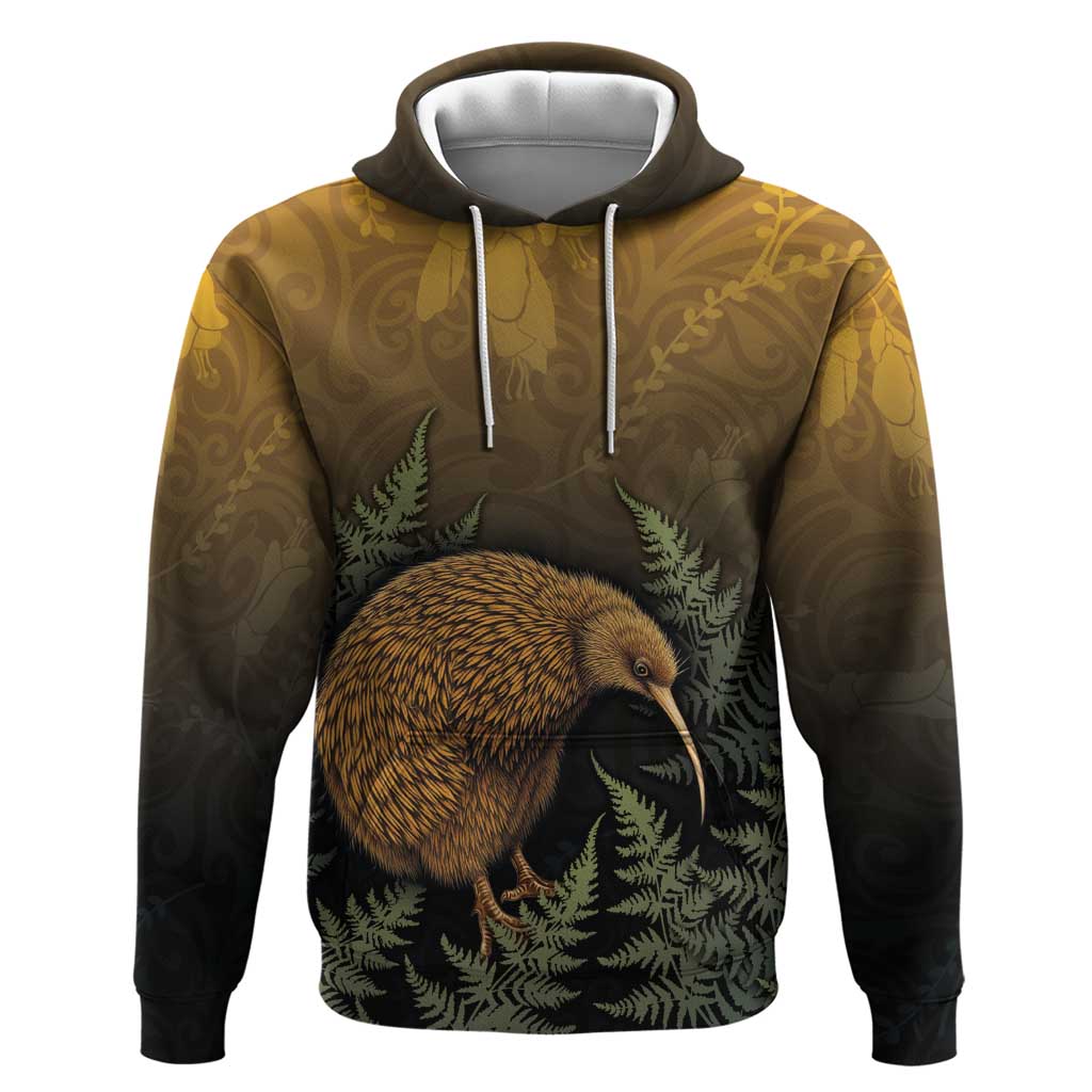 New Zealand Kiwi Bird Hoodie Silver Fern Mix Maori Pattern LT05 Pullover Hoodie Brown - Polynesian Pride