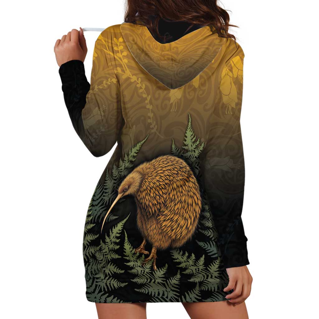 New Zealand Kiwi Bird Hoodie Dress Silver Fern Mix Maori Pattern