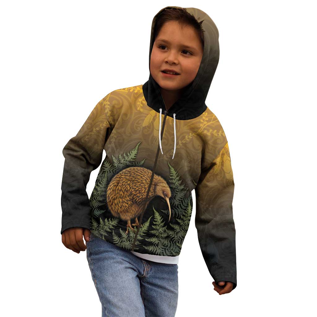 New Zealand Kiwi Bird Kid Hoodie Silver Fern Mix Maori Pattern