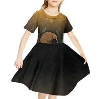 New Zealand Kiwi Bird Kid Short Sleeve Dress Silver Fern Mix Maori Pattern