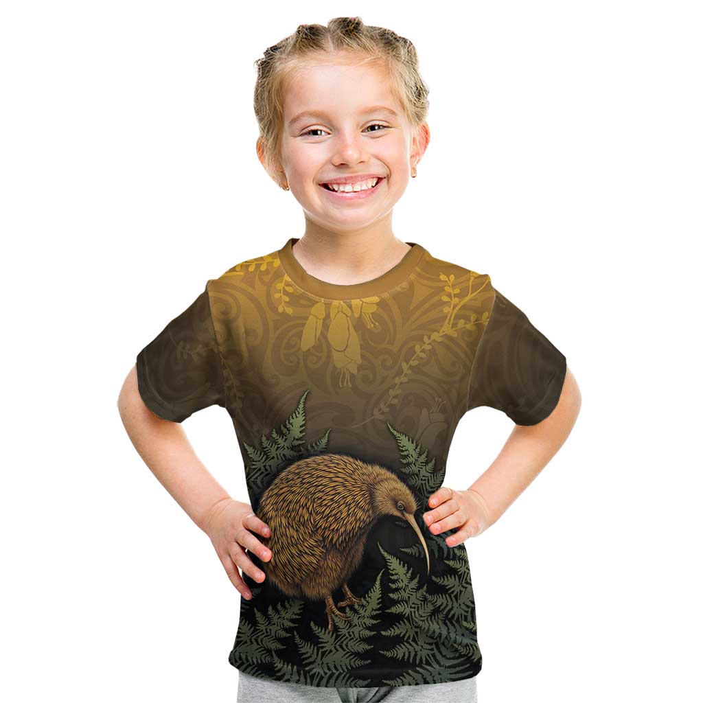 New Zealand Kiwi Bird Kid T Shirt Silver Fern Mix Maori Pattern