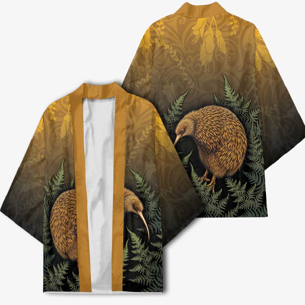 New Zealand Kiwi Bird Kimono Silver Fern Mix Maori Pattern