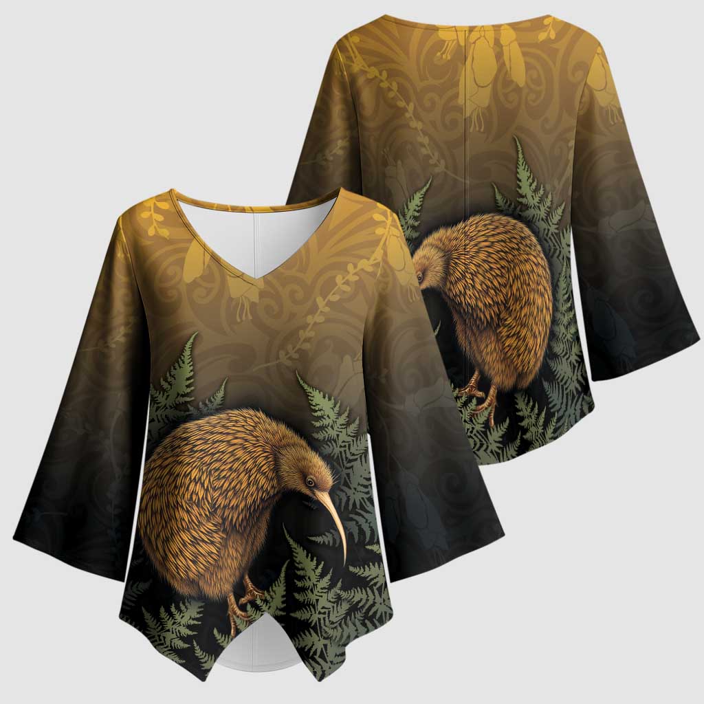 New Zealand Kiwi Bird Kimono Sleeve Blouse Silver Fern Mix Maori Pattern