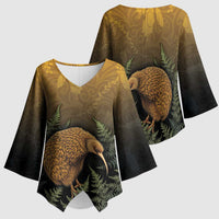 New Zealand Kiwi Bird Kimono Sleeve Blouse Silver Fern Mix Maori Pattern