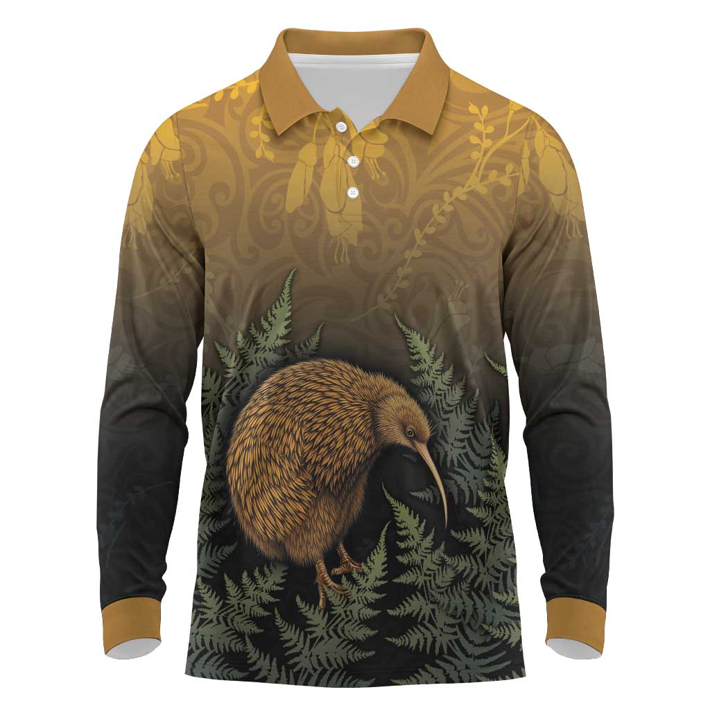 New Zealand Kiwi Bird Long Sleeve Polo Shirt Silver Fern Mix Maori Pattern