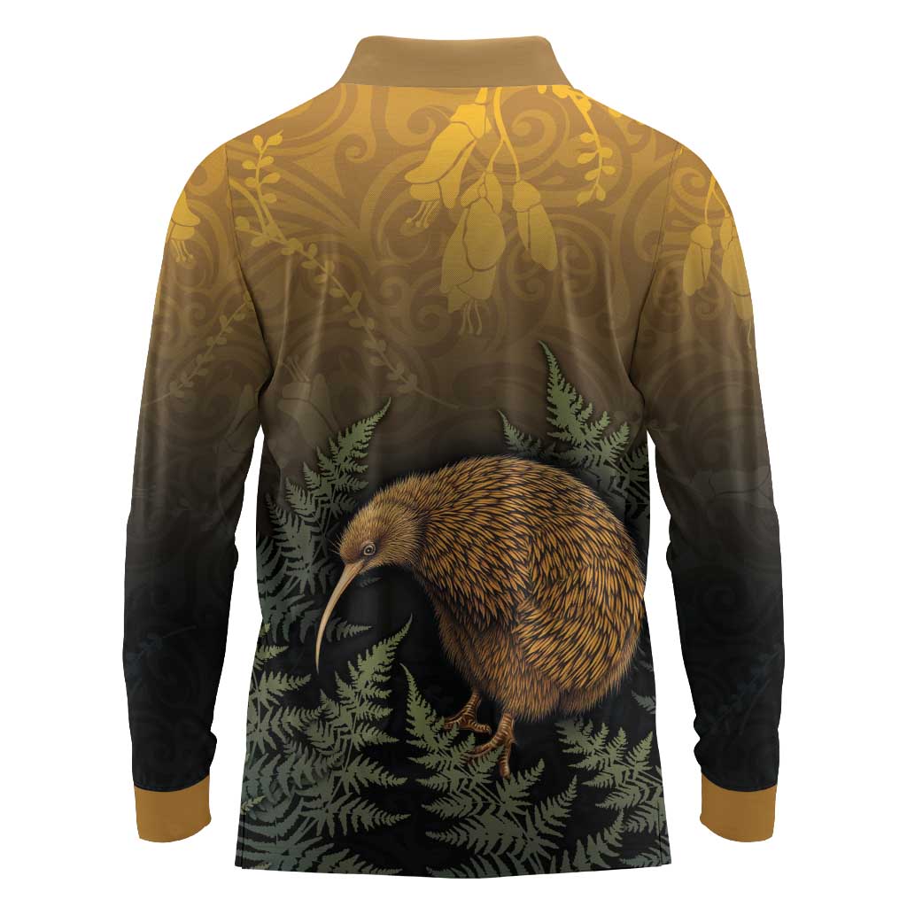 New Zealand Kiwi Bird Long Sleeve Polo Shirt Silver Fern Mix Maori Pattern