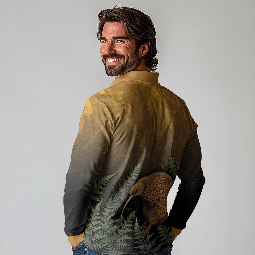 New Zealand Kiwi Bird Long Sleeve Polo Shirt Silver Fern Mix Maori Pattern