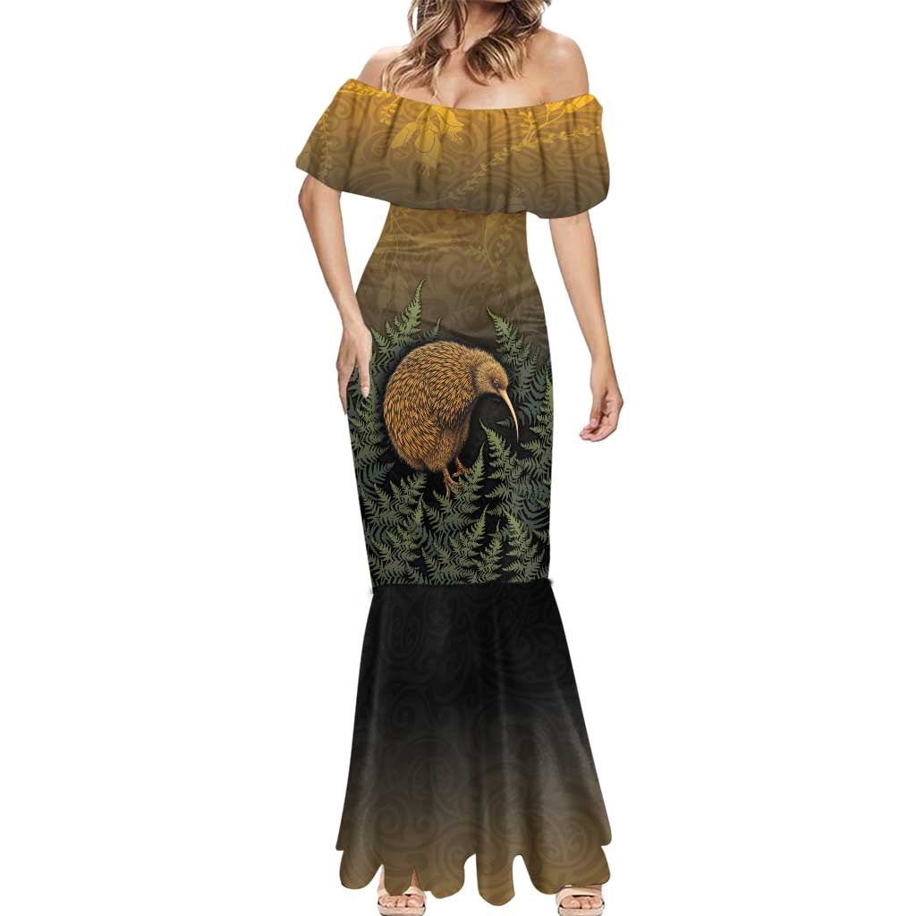 New Zealand Kiwi Bird Mermaid Dress Silver Fern Mix Maori Pattern