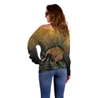 New Zealand Kiwi Bird Off Shoulder Sweater Silver Fern Mix Maori Pattern