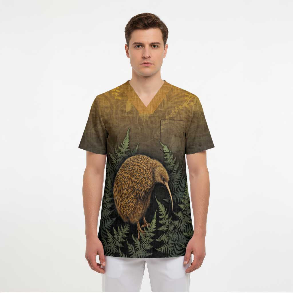 New Zealand Kiwi Bird Scrub Top Silver Fern Mix Maori Pattern