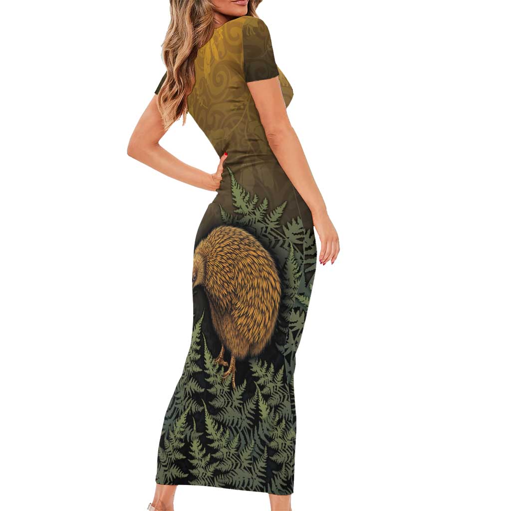 New Zealand Kiwi Bird Short Sleeve Bodycon Dress Silver Fern Mix Maori Pattern