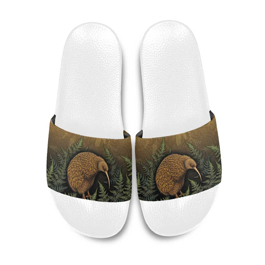 New Zealand Kiwi Bird Slide Sandals Silver Fern Mix Maori Pattern
