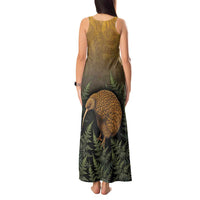 New Zealand Kiwi Bird Tank Maxi Dress Silver Fern Mix Maori Pattern
