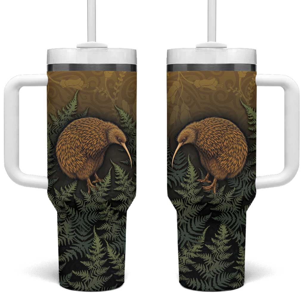 New Zealand Kiwi Bird Tumbler With Handle Silver Fern Mix Maori Pattern LT05 One Size: 40 oz Brown - Polynesian Pride
