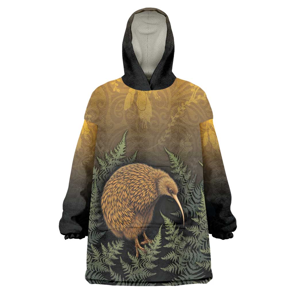 New Zealand Kiwi Bird Wearable Blanket Hoodie Silver Fern Mix Maori Pattern LT05 One Size Brown - Polynesian Pride