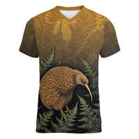 New Zealand Kiwi Bird Women V-Neck T-Shirt Silver Fern Mix Maori Pattern